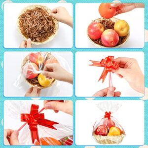 CHENGU 18 Pcs Basket Empty Gift Basket Food Basket Woven Fruit Basket with 48 Colorful Pull Bows 30 Clear Gift Bags Crinkle Cut Paper Shred Filler for Kitchen Restaurant (7.9 x 7.9 x 2.8 Inch, Round)