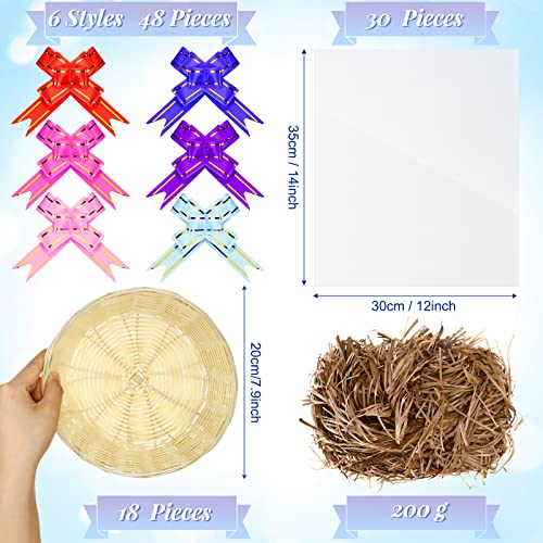 CHENGU 18 Pcs Basket Empty Gift Basket Food Basket Woven Fruit Basket with 48 Colorful Pull Bows 30 Clear Gift Bags Crinkle Cut Paper Shred Filler for Kitchen Restaurant (7.9 x 7.9 x 2.8 Inch, Round)