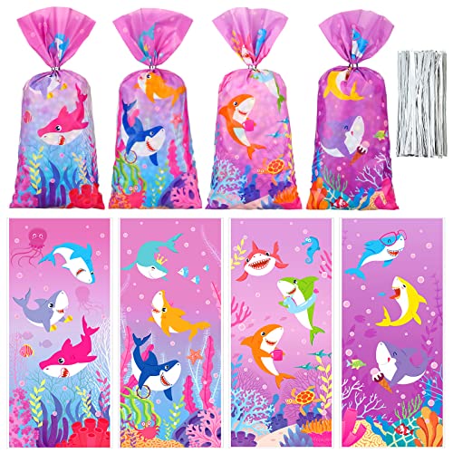 Hotop 100 Pcs Cute Baby Pink Shark Cellophane Bags Pink Shark Gift Treat Bags Plastic Goodie Candy Bags with 150 Ties Shark about 27.5 X 12.5 cm