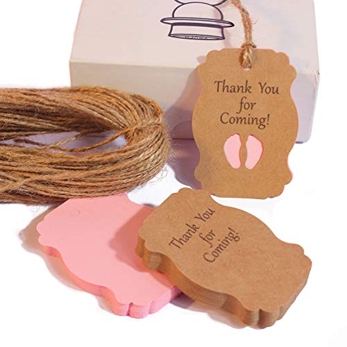 50 Pcs Thank You for Coming Baby Feet Kraft Tags with Jute Twine Gift Tags for Baby Shower Birthday Party Favor (Pink)