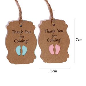 50 Pcs Thank You for Coming Baby Feet Kraft Tags with Jute Twine Gift Tags for Baby Shower Birthday Party Favor (Pink)