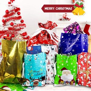 FATHABY Holiday Christmas Drawstrings Gift Bags, 30PCS Assorted Christmas Wrapping Bags, 6 Different Patterns for Christmas Goodie and Treat Bags for Birthday Christmas Party (Yellow) (Gray)