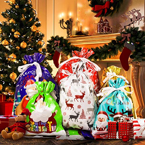 FATHABY Holiday Christmas Drawstrings Gift Bags, 30PCS Assorted Christmas Wrapping Bags, 6 Different Patterns for Christmas Goodie and Treat Bags for Birthday Christmas Party (Yellow) (Gray)