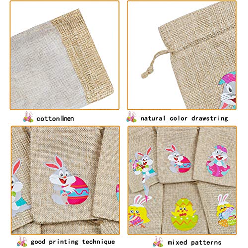 DERAYEE 36Pcs Easter Burlap Bags with Drawstring, Jute Linen Gift Bags Bunny Eggs Goodie Candy Bags for Kids Easter Party Favors