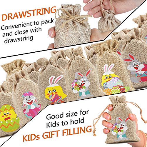 DERAYEE 36Pcs Easter Burlap Bags with Drawstring, Jute Linen Gift Bags Bunny Eggs Goodie Candy Bags for Kids Easter Party Favors