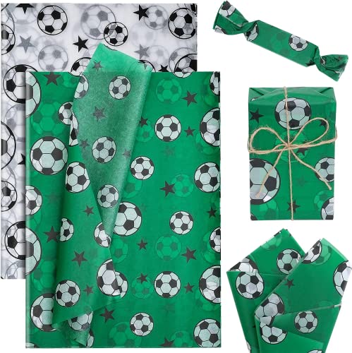 Kavoc 100 Sheets 20 x 14 Inch Soccer Tissue Paper Football Tissue wrapping paper sheets bulk for Gift Wrapping Green Football Field Tissue Paper for Birthdays Party Gift Bag DIY Pompom Confetti Crafts