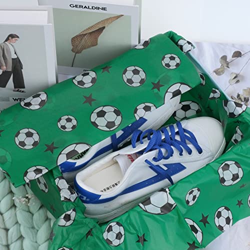 Kavoc 100 Sheets 20 x 14 Inch Soccer Tissue Paper Football Tissue wrapping paper sheets bulk for Gift Wrapping Green Football Field Tissue Paper for Birthdays Party Gift Bag DIY Pompom Confetti Crafts