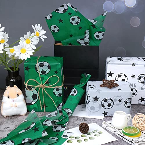 Kavoc 100 Sheets 20 x 14 Inch Soccer Tissue Paper Football Tissue wrapping paper sheets bulk for Gift Wrapping Green Football Field Tissue Paper for Birthdays Party Gift Bag DIY Pompom Confetti Crafts