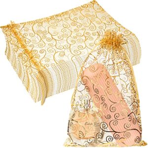 kigeli 100 pcs 8 x 12 inches large drawstring organza bags party favor bags gold sheer mesh bags rattan printed pouches goodie bags gift for birthday jewelry wedding christmas party favors gift
