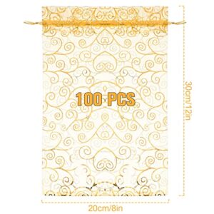 Kigeli 100 Pcs 8 x 12 Inches Large Drawstring Organza Bags Party Favor Bags Gold Sheer Mesh Bags Rattan Printed Pouches Goodie Bags Gift for Birthday Jewelry Wedding Christmas Party Favors Gift