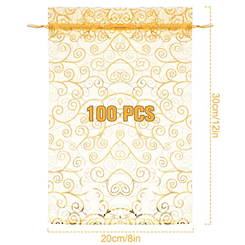 Kigeli 100 Pcs 8 x 12 Inches Large Drawstring Organza Bags Party Favor Bags Gold Sheer Mesh Bags Rattan Printed Pouches Goodie Bags Gift for Birthday Jewelry Wedding Christmas Party Favors Gift