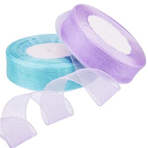 Hapeper 2 Rolls 1 Inch Sheer Organza Chiffon Ribbons for Gift Wrapping DIY Crafts Party Decoration, 50 Yards/ Roll (Light Purple, Light Blue)