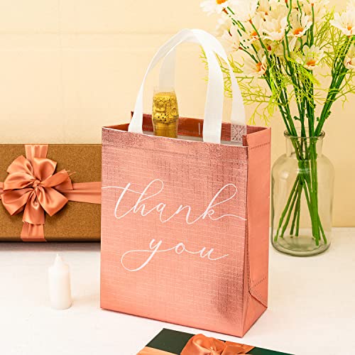 Crisky Reuseable Rose Gold Thank You Gift Bags for Business Wedding Party, 25 Counts Medium Size Eco-Friendly Non-Woven Treat Party Favor Bags, 11x4x9 Inches
