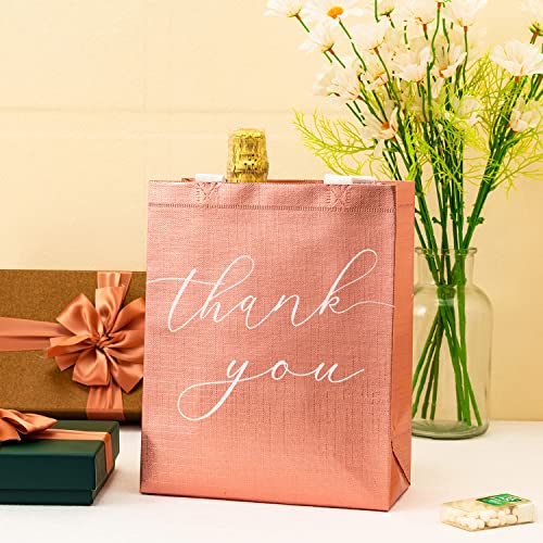 Crisky Reuseable Rose Gold Thank You Gift Bags for Business Wedding Party, 25 Counts Medium Size Eco-Friendly Non-Woven Treat Party Favor Bags, 11x4x9 Inches