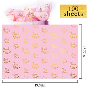 MR FIVE 100 Sheets Pink with Gold Thank You Tissue Paper Bulk,20" x 14",Pink Thank You Tissue Paper for Packaging,Gift Bags,Thank You Tissue for Weddings,Graduation,Birthday,Thanksgiving,Mother's Day