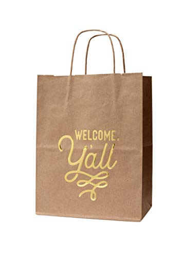 6 Welcome Gift Bags with Welcome, Y'all Gold Foil Design on Kraft 8 x 4 3/4 x 10 1/4 Inches Texas Gift Bag