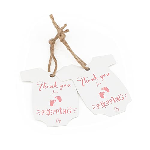 100PCS Thank You for Popping by Tags,Pink High-end Cardstock Baby Onesie Favors Labels with Jute String,Personalized Gift Tags for Baby Shower and Brithday Party（2.36"x1.96")