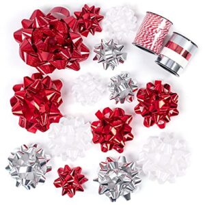 WRAPAHOLIC 16 Pcs Gift Bows Assortment - 14 Multi Colored Assorted Size Gift Bows (Red, Silver, White), 1 Crimped Curling Ribbons and 1 Cotton Twine, Perfect for Christmas, Holiday, Party