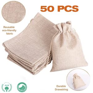 Gudecor 50PCS Heavier Burlap Gift Bag with Drawstring, 5x7 inch Burlap Bags, Reusable Small Gift Drawstring Bags,Natural Linen Sacks Jute Bag for Wedding Favors Party DIY Craft Jewelry Pouch