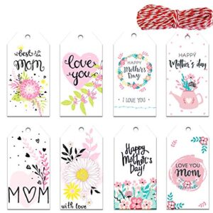 Doumeny 120Pcs 8 Style Mother's Day Paper Gift Tags Happy Mother's Day Hanging Labels Floral Love You Mom Best Mom Label Tags with 65.6 Feet Twines for DIY Crafts Mother Party Birthday Gift Wrapping