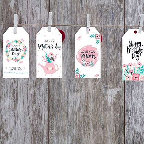 Doumeny 120Pcs 8 Style Mother's Day Paper Gift Tags Happy Mother's Day Hanging Labels Floral Love You Mom Best Mom Label Tags with 65.6 Feet Twines for DIY Crafts Mother Party Birthday Gift Wrapping