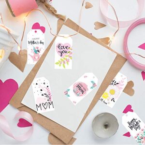 Doumeny 120Pcs 8 Style Mother's Day Paper Gift Tags Happy Mother's Day Hanging Labels Floral Love You Mom Best Mom Label Tags with 65.6 Feet Twines for DIY Crafts Mother Party Birthday Gift Wrapping