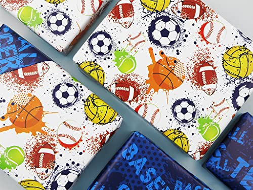 Sports Gift Double Side Reversible Wrapping Paper 4 Sheets Folded Flat 20x30 inches per sheet, Rugby Basketball Tennis Baseball Football Soccer Volleyball Gift Wrap Paper For Boys Men Women Kids Unique Xmas Decorative Paper and Birthday Holiday