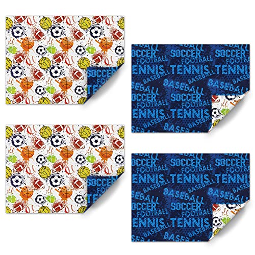Sports Gift Double Side Reversible Wrapping Paper 4 Sheets Folded Flat 20x30 inches per sheet, Rugby Basketball Tennis Baseball Football Soccer Volleyball Gift Wrap Paper For Boys Men Women Kids Unique Xmas Decorative Paper and Birthday Holiday
