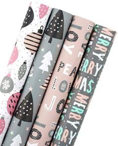 wrapaholic christmas kraft wrapping paper roll – pink and grey christmas set for holiday, party deco – 4 rolls – 30 inch x 120 inch per roll