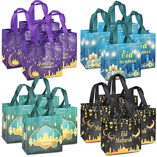 Aviski 16PCS Eid Mubarak Reusable Gift Bags, Treat Bags with Handles, Ramadan Mubarak Party Bags, Multifunctional Non-Woven Eid Bags for Gifts Wrapping, Ramadan Kareem Party Supplies, 23×22×11cm