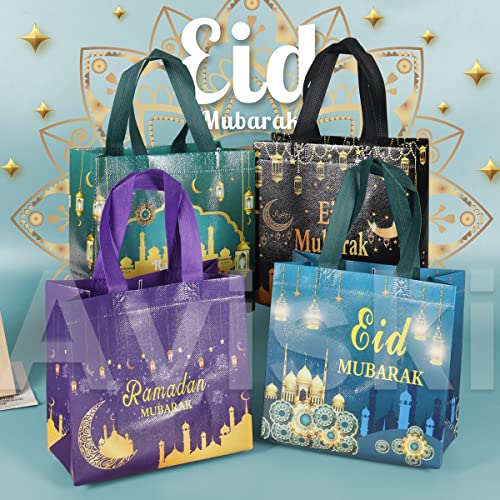 Aviski 16PCS Eid Mubarak Reusable Gift Bags, Treat Bags with Handles, Ramadan Mubarak Party Bags, Multifunctional Non-Woven Eid Bags for Gifts Wrapping, Ramadan Kareem Party Supplies, 23×22×11cm