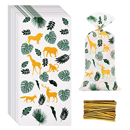 Lecpeting 100 Pcs Jungle Animal Treat Bags Safari Animal Cellophane Candy Bags Jungle Plastic Goodie Storage Bags Safari Party Favor Bags with Twist Ties for Safari Theme Birthday Party Supplies