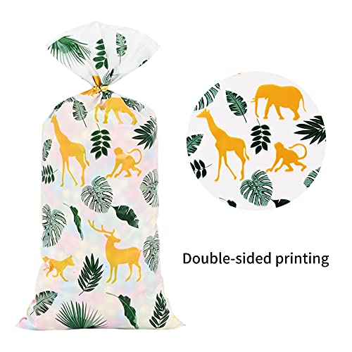 Lecpeting 100 Pcs Jungle Animal Treat Bags Safari Animal Cellophane Candy Bags Jungle Plastic Goodie Storage Bags Safari Party Favor Bags with Twist Ties for Safari Theme Birthday Party Supplies