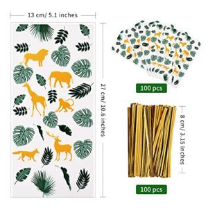Lecpeting 100 Pcs Jungle Animal Treat Bags Safari Animal Cellophane Candy Bags Jungle Plastic Goodie Storage Bags Safari Party Favor Bags with Twist Ties for Safari Theme Birthday Party Supplies