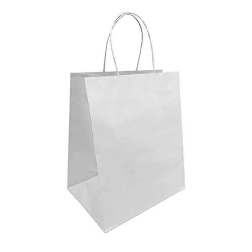 White Paper Bags with Handles, 50 Count 10x6.75x12 Inches White Kraft Paper Bags for Wedding bags, Gift bags, Food bags, Shopping bags, Grocery bags, Storage bags, Lunch bags, Take Out bags, Retail bags and More, Reusable, Eco-friendly and Sustainable 107