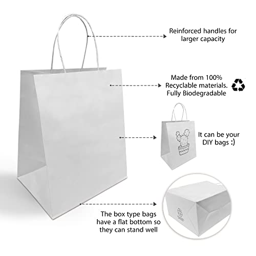 White Paper Bags with Handles, 50 Count 10x6.75x12 Inches White Kraft Paper Bags for Wedding bags, Gift bags, Food bags, Shopping bags, Grocery bags, Storage bags, Lunch bags, Take Out bags, Retail bags and More, Reusable, Eco-friendly and Sustainable 107