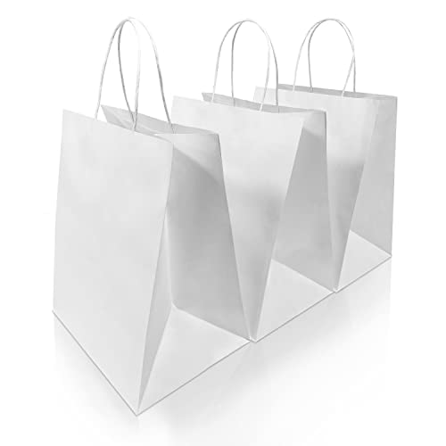 White Paper Bags with Handles, 50 Count 10x6.75x12 Inches White Kraft Paper Bags for Wedding bags, Gift bags, Food bags, Shopping bags, Grocery bags, Storage bags, Lunch bags, Take Out bags, Retail bags and More, Reusable, Eco-friendly and Sustainable 107