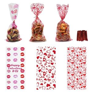hying 150 pcs happy valentine’s day cellophane bags with twist ties for gifts, love heart kiss cello treat bages valentines treat bags for cookie candy goodies wrapping supplies