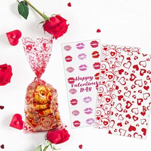 Hying 150 PCS Happy Valentine's Day Cellophane Bags with Twist Ties for Gifts, Love Heart Kiss Cello Treat Bages Valentines Treat Bags for Cookie Candy Goodies Wrapping Supplies