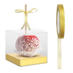 50 Sets 4 x 4 x 4 Inches Clear Candy Apple Boxes with Hole, Base, Sticks and Ribbons Transparent Candy Apple Boxes PET Caramel Apple Box Plastic Gift Boxes for Chocolate Apples Party Supplies (Gold)