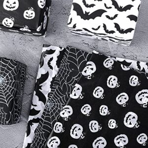 Whaline 90 Sheet Halloween Tissue Paper Black White Wrap Tissue Paper with Cobweb Bat Ghost Pumpkin Pattern Autumn Gift Wrapping Paper for Fall Halloween Party Gift Packing DIY Craft, 13.8 x 19.7In