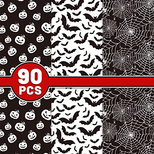 Whaline 90 Sheet Halloween Tissue Paper Black White Wrap Tissue Paper with Cobweb Bat Ghost Pumpkin Pattern Autumn Gift Wrapping Paper for Fall Halloween Party Gift Packing DIY Craft, 13.8 x 19.7In