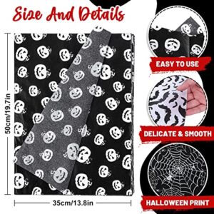 Whaline 90 Sheet Halloween Tissue Paper Black White Wrap Tissue Paper with Cobweb Bat Ghost Pumpkin Pattern Autumn Gift Wrapping Paper for Fall Halloween Party Gift Packing DIY Craft, 13.8 x 19.7In