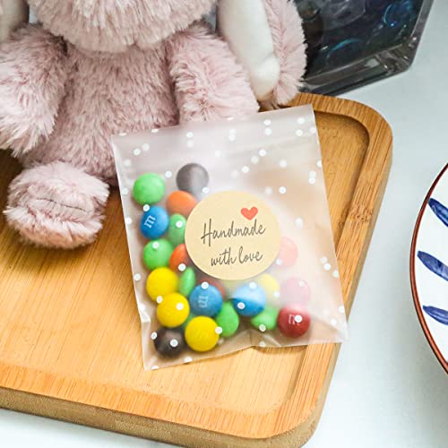 200Pcs Cookie Bags Self Adhesive Clear Plastic Cellophane Treat Bags with 200Pcs Stickers, Nistar 3.2" x 4" White Polka Dot Plastic Pastry Candy Bags for Candy Pastry Wedding Party Gift Giving Bakery Cookie Chocolate