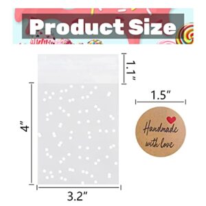 200Pcs Cookie Bags Self Adhesive Clear Plastic Cellophane Treat Bags with 200Pcs Stickers, Nistar 3.2" x 4" White Polka Dot Plastic Pastry Candy Bags for Candy Pastry Wedding Party Gift Giving Bakery Cookie Chocolate