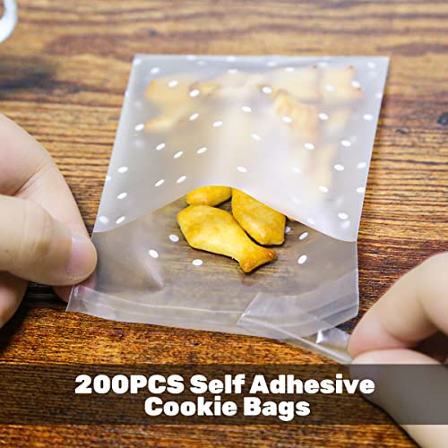 200Pcs Cookie Bags Self Adhesive Clear Plastic Cellophane Treat Bags with 200Pcs Stickers, Nistar 3.2" x 4" White Polka Dot Plastic Pastry Candy Bags for Candy Pastry Wedding Party Gift Giving Bakery Cookie Chocolate