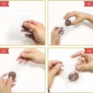 200Pcs Cookie Bags Self Adhesive Clear Plastic Cellophane Treat Bags with 200Pcs Stickers, Nistar 3.2" x 4" White Polka Dot Plastic Pastry Candy Bags for Candy Pastry Wedding Party Gift Giving Bakery Cookie Chocolate