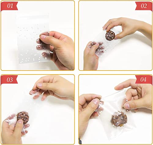 200Pcs Cookie Bags Self Adhesive Clear Plastic Cellophane Treat Bags with 200Pcs Stickers, Nistar 3.2" x 4" White Polka Dot Plastic Pastry Candy Bags for Candy Pastry Wedding Party Gift Giving Bakery Cookie Chocolate