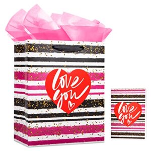 whatsign valentines day gift bags love you 13″ large gift bags with tissue paper and card for her him valentine’s paper gifts bags with handles for valentine’s day anniversary wedding birthday party