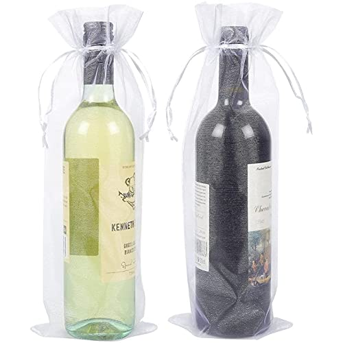 Juvale 24 Pack Organza Wine Bags - Drawstring Wine Bottle Organza Gift Bags for Baby Shower, Wedding and Party Favors - White 14.7 x 5.2 inches